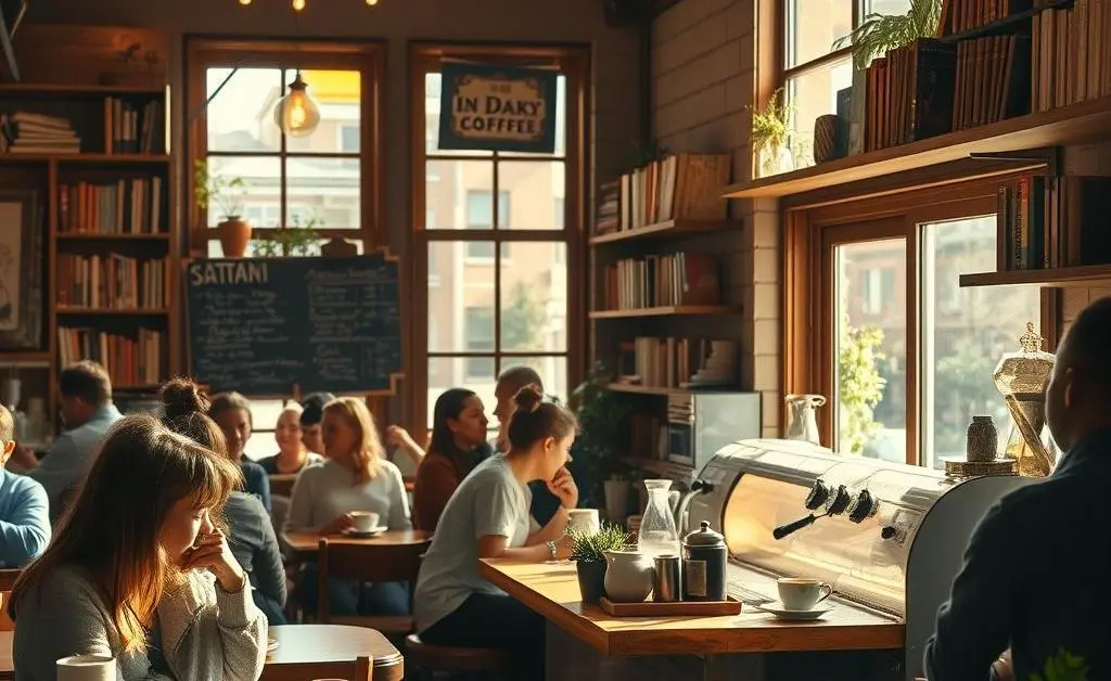 A cozy coffee shop with customers