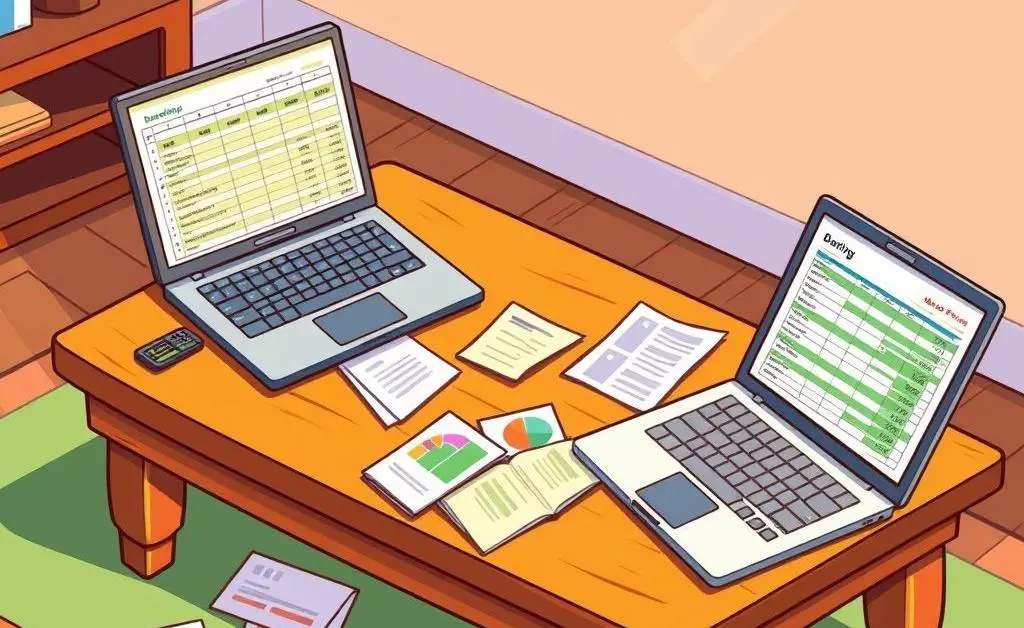 A cartoon scene of a coffee table with documents and a laptop open to a budgeting spreadsheet.