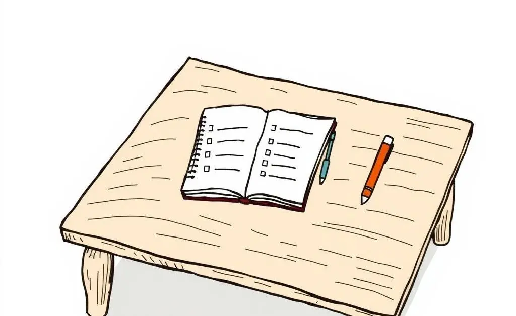 Cartoon of a coffee table with a bullet list notebook