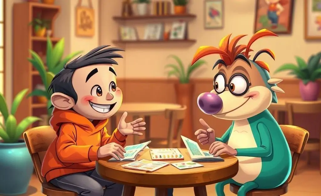 Two characters discussing at a coffee table