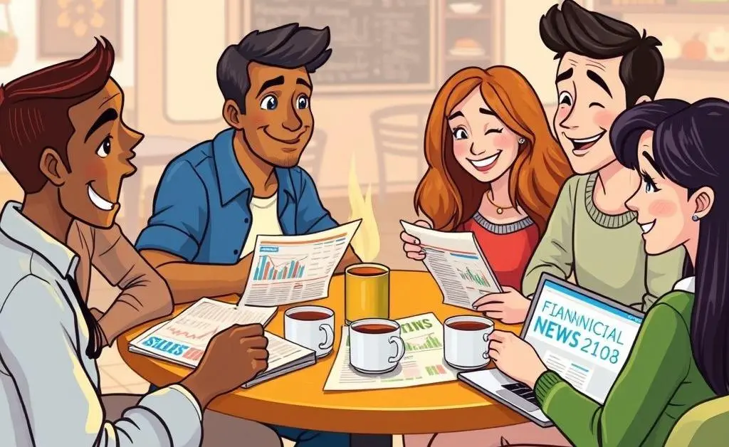 A group of friends having a casual discussion over coffee, with newspapers and laptops showing financial news.