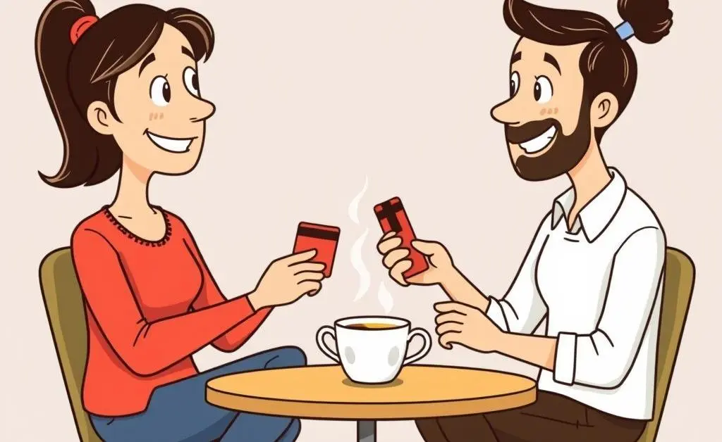 A cartoon-style image of two friends discussing credit cards over a cup of tea