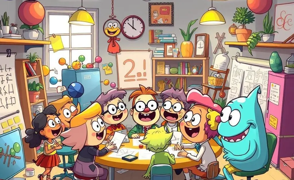 A group of cartoon characters brainstorming
