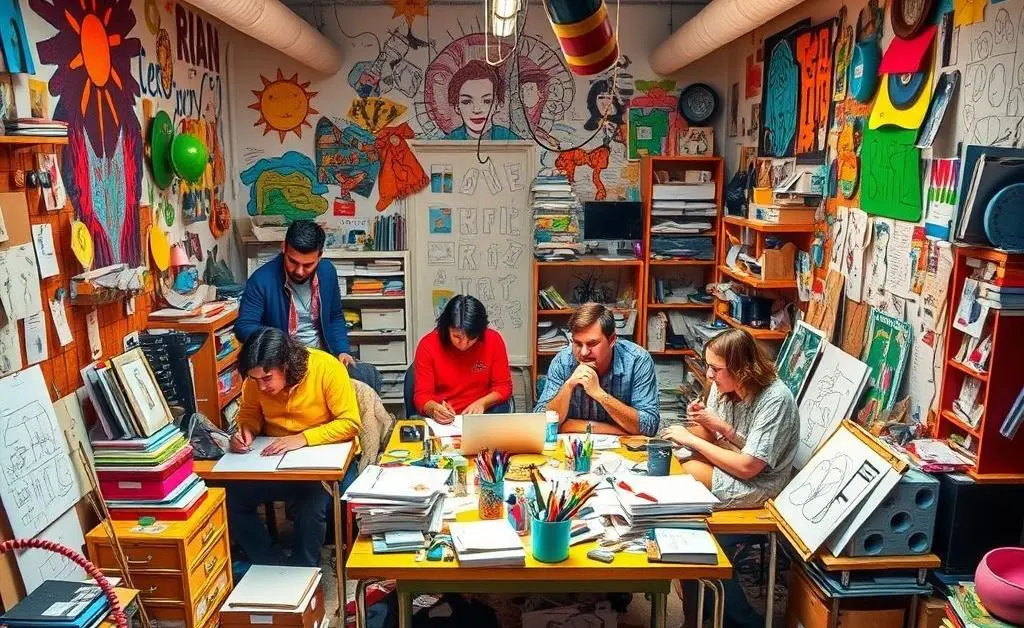 A group of people collaborating in a colorful, cluttered room full of creative tools and ideas.