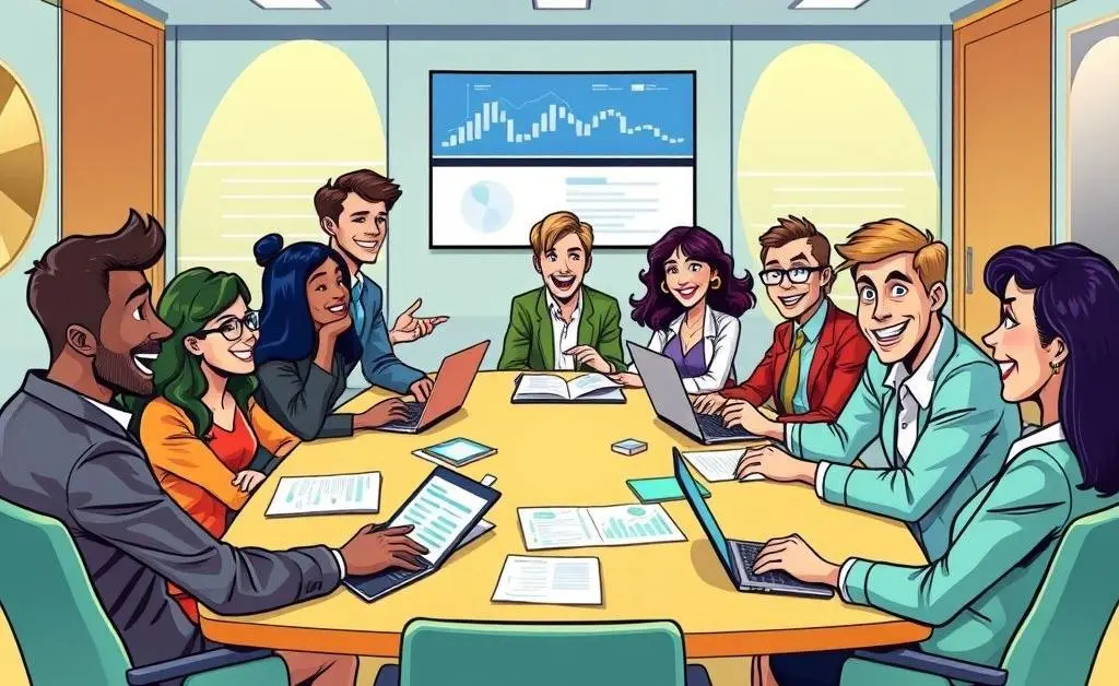 A cartoon-style illustration of people in a collaborative discussion, symbolizing networking in the finance sector.