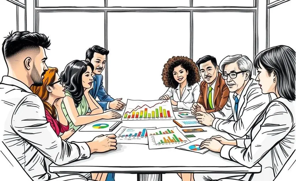Colleagues from diverse backgrounds discussing financial charts around a conference table