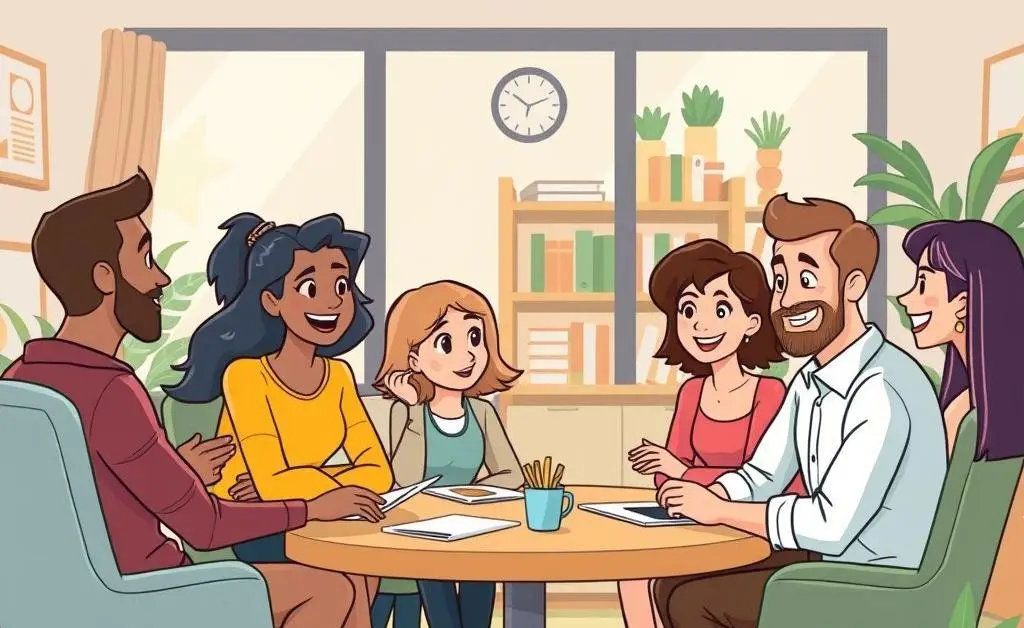 Illustration showing a group of colleagues having a friendly discussion in an office.