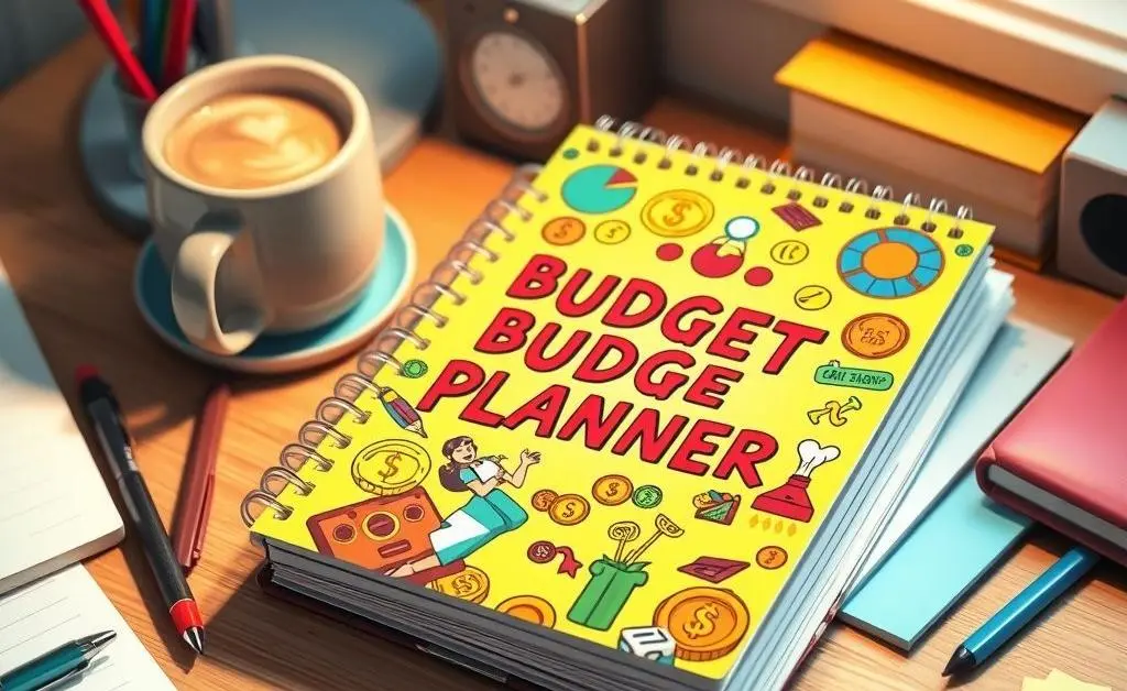 A colorful budget planner on a desk