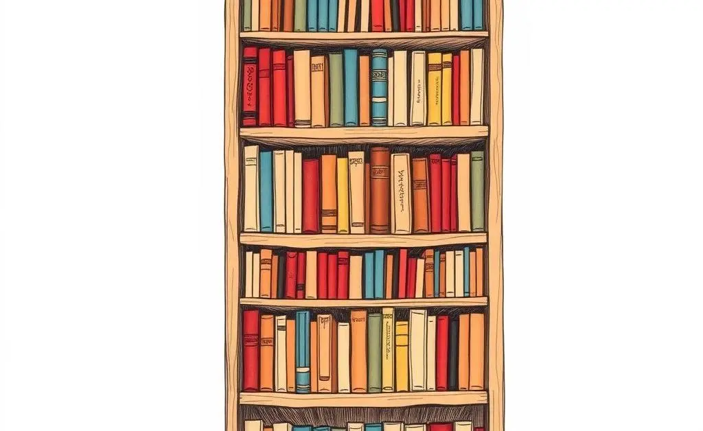 A hand-drawn illustration of a bookshelf with books organized by color.