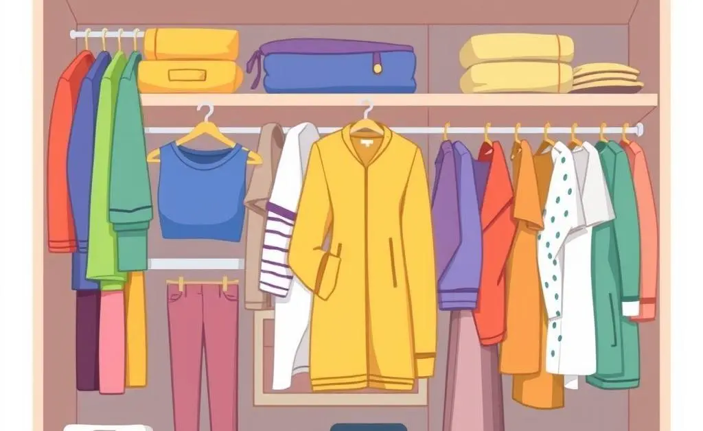 A cartoon-style illustration of an organized closet with color-coded clothing.