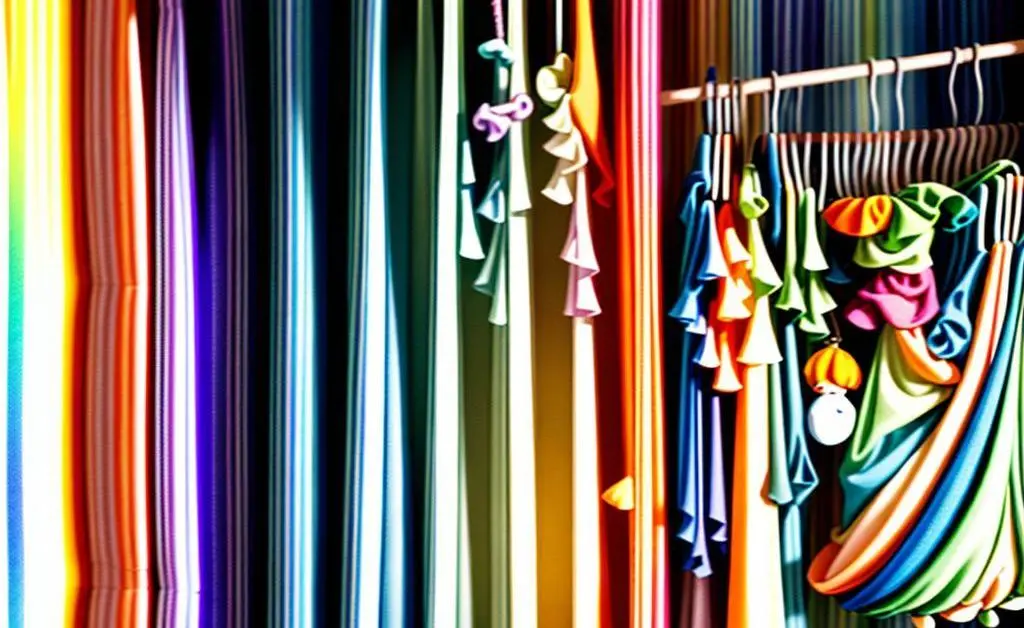 A cartoon-style image of a closet with clothes neatly arranged in a color gradient.