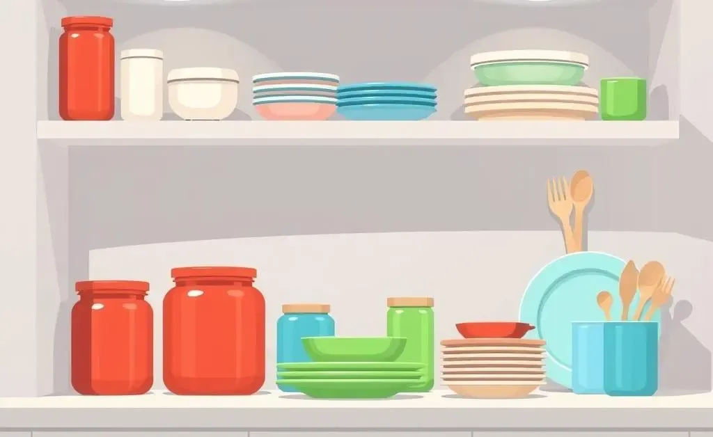 A minimalist drawing of a kitchen with storage containers, dishes, and utensils organized by color.