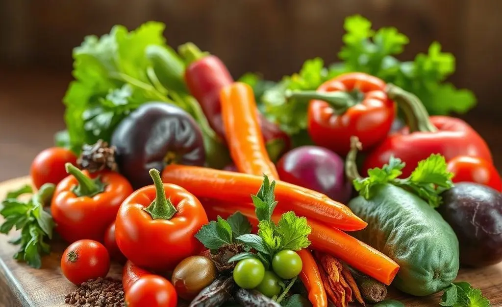 An array of colorful vegetables and spices on a cutting board