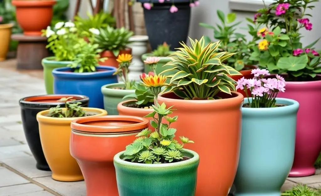 A variety of colorful ceramic planters lined up on a pathway