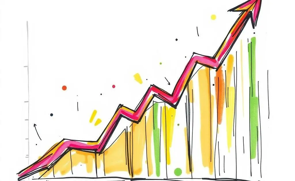 A hand-drawn, colorful stock chart with upward trends.