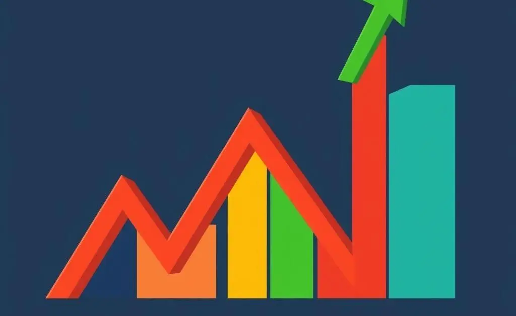 A colorful, stylized stock market graph showing upward and downward trends.