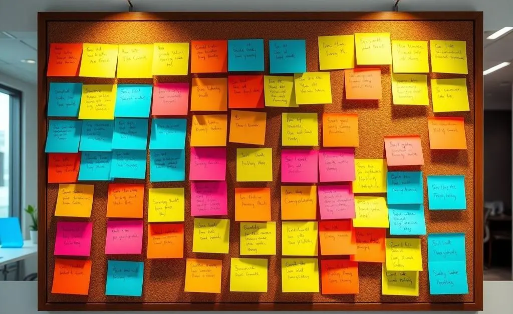A colorful board with sticky notes and tasks organized neatly