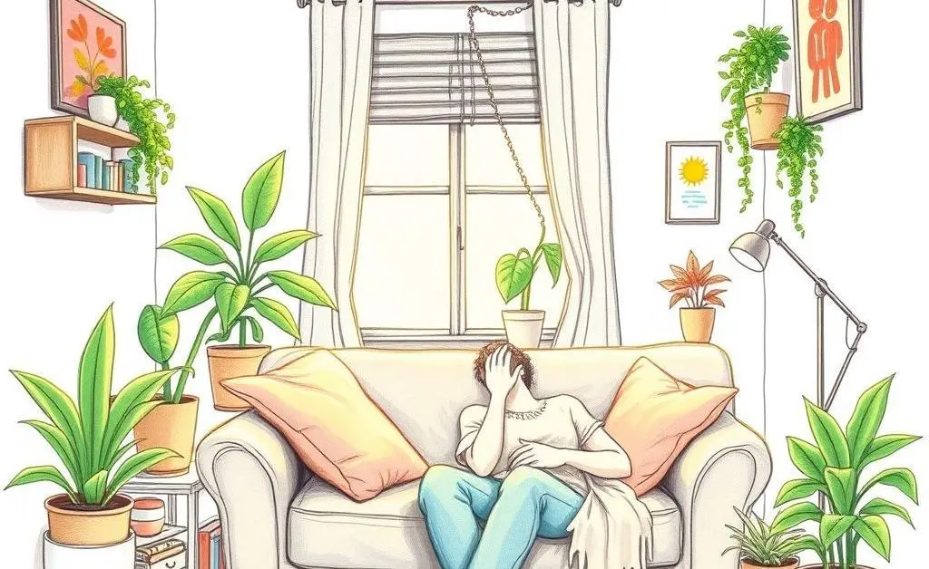 A hand-drawn image of a person feeling relaxed and happy in their new apartment.