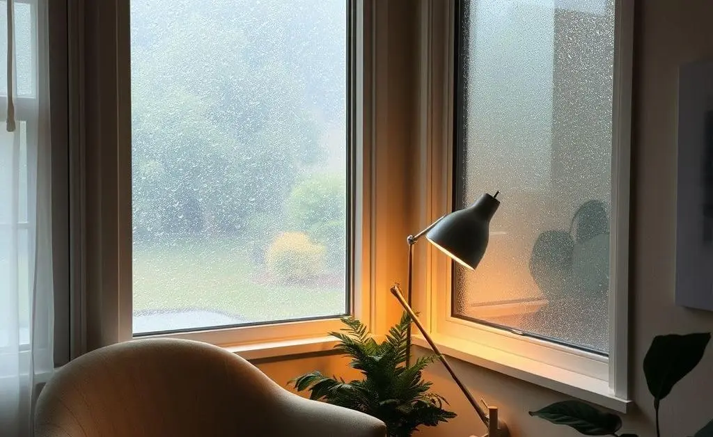 A cozy corner of a home with a comfortable chair, soft lighting, and a window showing a gentle rain outside.