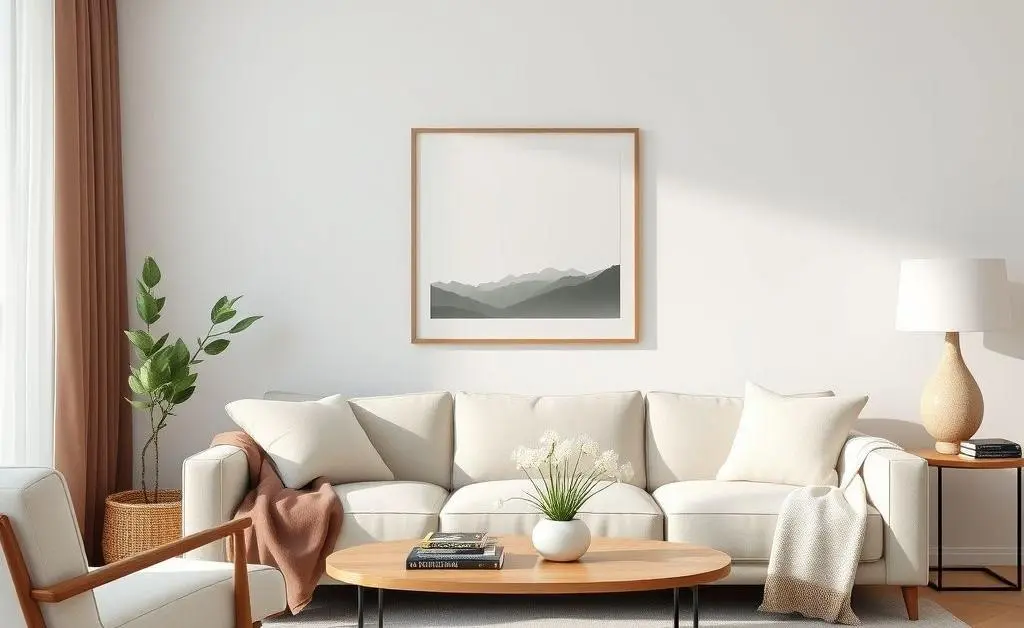 Minimalistic scene of a living room with relaxing decor and investment books scattered