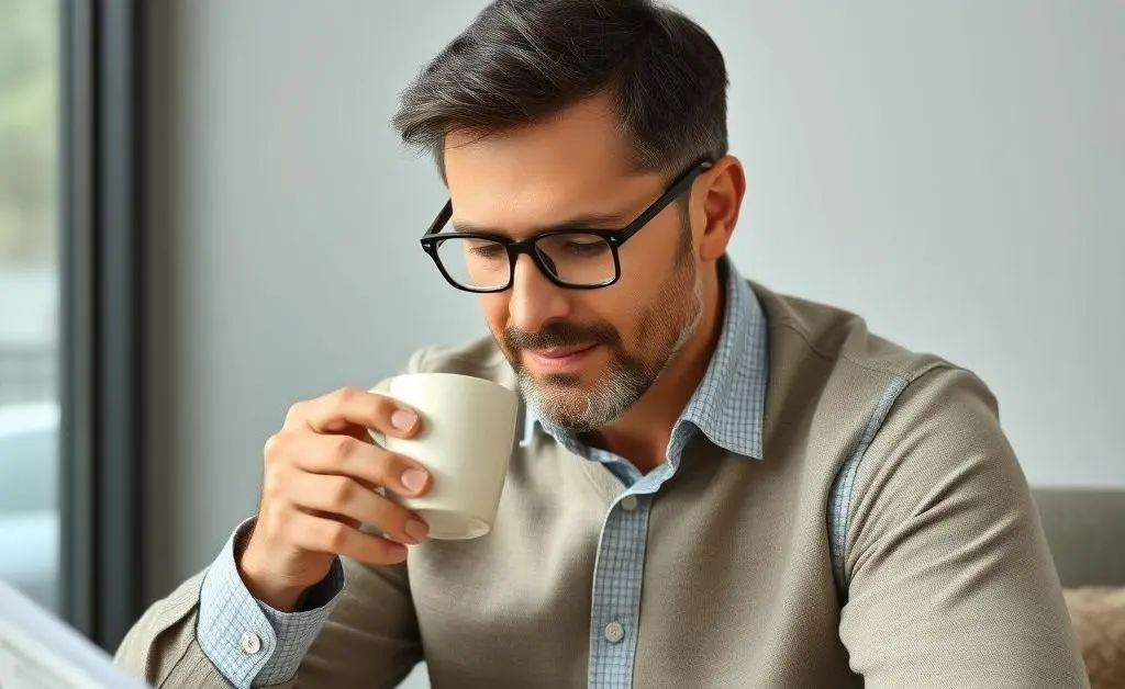 A calm investor drinking coffee and reading financial news