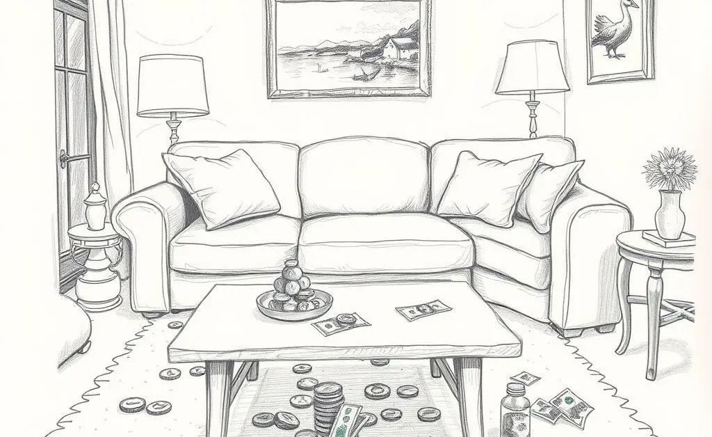 A hand-drawn sketch of a comfortable living room with small savings scattered around