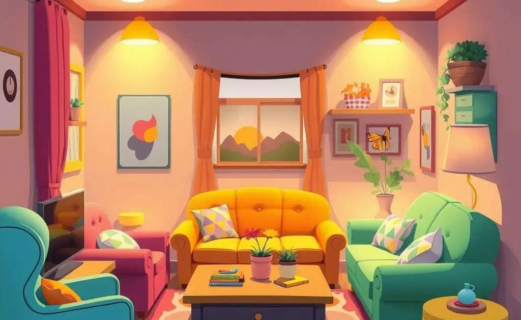 A cozy, cartoon-style living room with vibrant furniture and decor