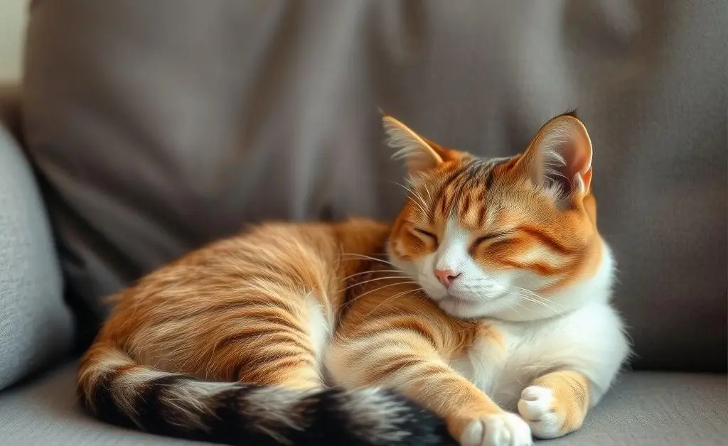 A relaxed setting with a cat sleeping on a couch, representing peace of mind.
