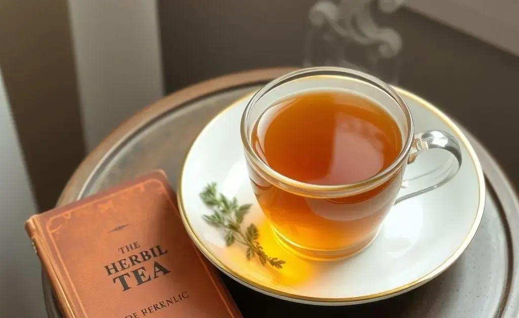 A steaming cup of herbal tea on a small side table beside a well-worn book.