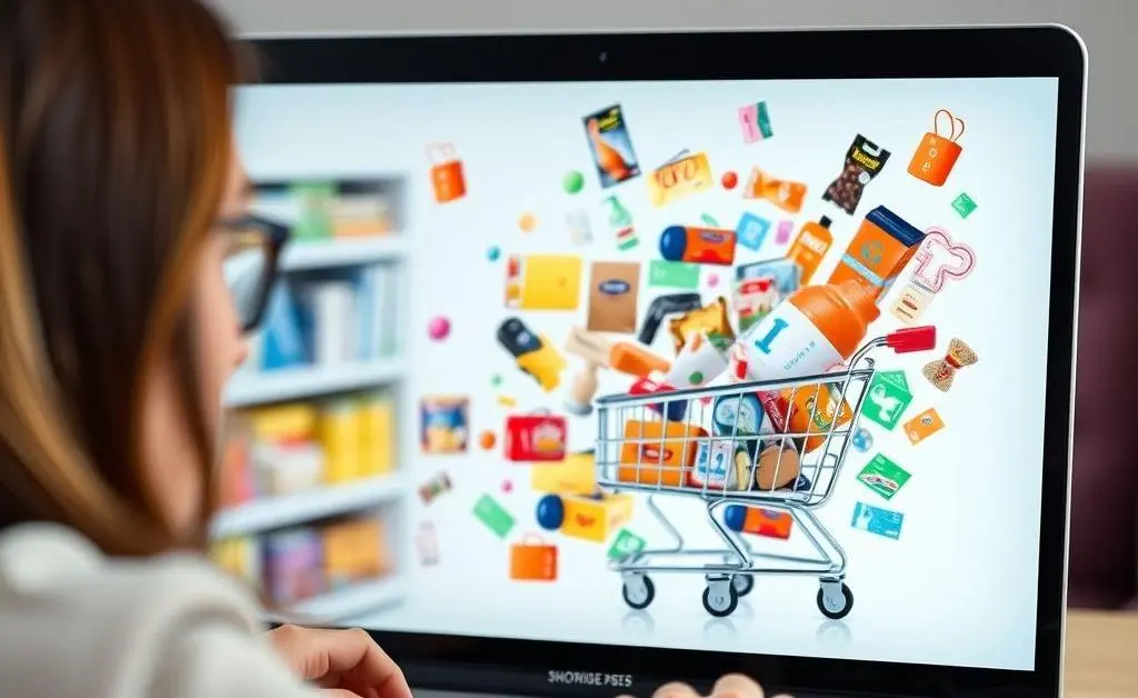 A woman staring at her overflowing online shopping cart