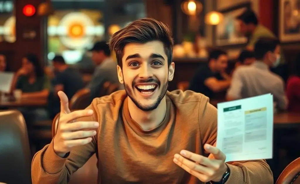 A young man sitting at a coffee shop table, surrounded by invitations and planners, looking enthusiastic.