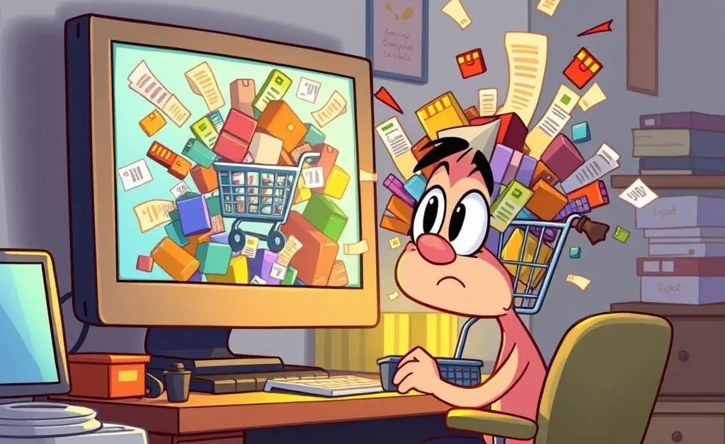 A woman staring at her overflowing online shopping cart