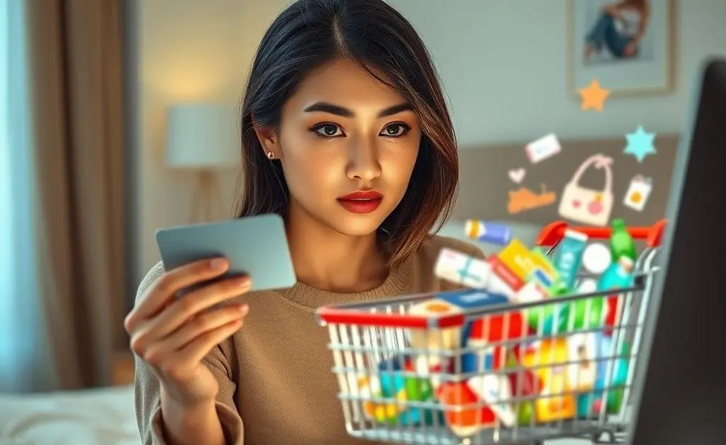 A woman staring at her overflowing online shopping cart