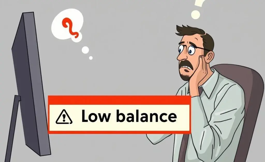 A man sitting at a computer, bewildered, looking at his bank account with a giant 'low balance' warning