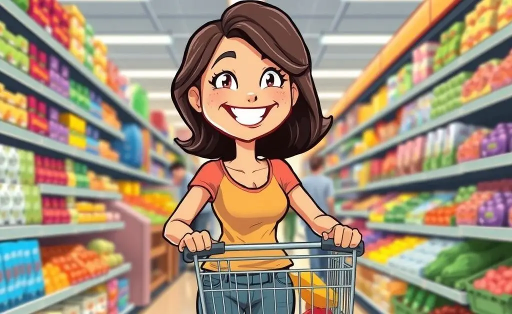 A woman happily pushing a half-empty shopping cart in a supermarket aisle