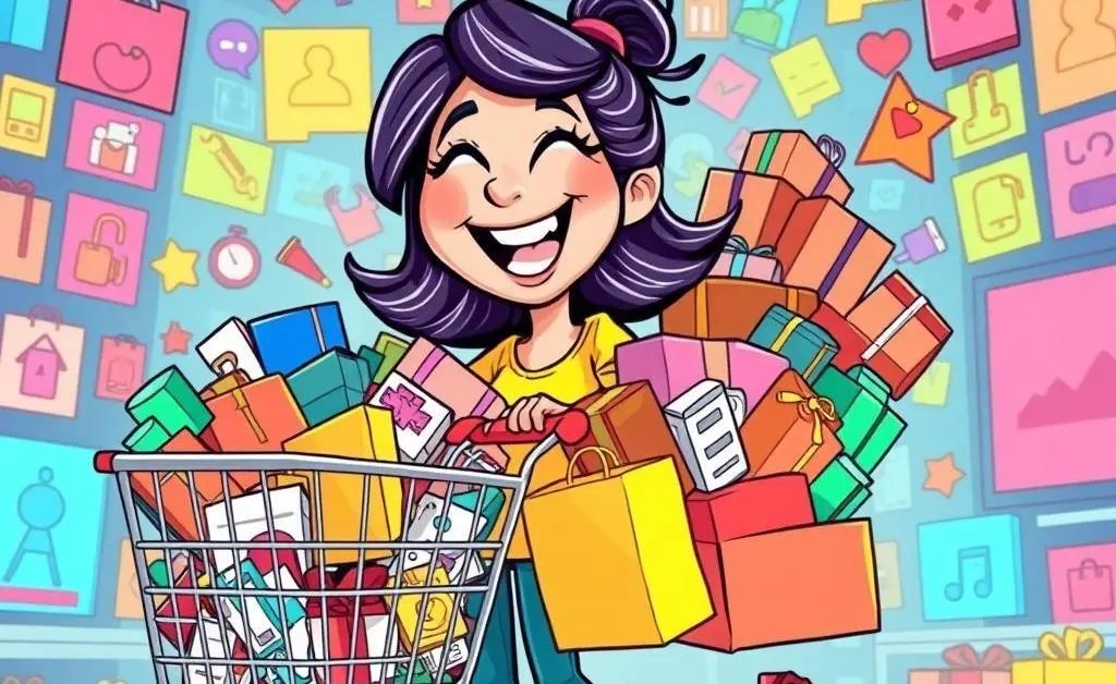 Cartoon of a woman enthusiastically shopping online with an overflowing cart