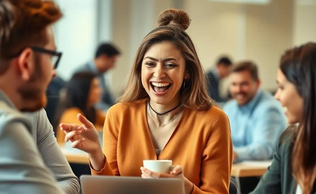 A woman enthusiastically sharing an embarrassing story to her coworkers during a break