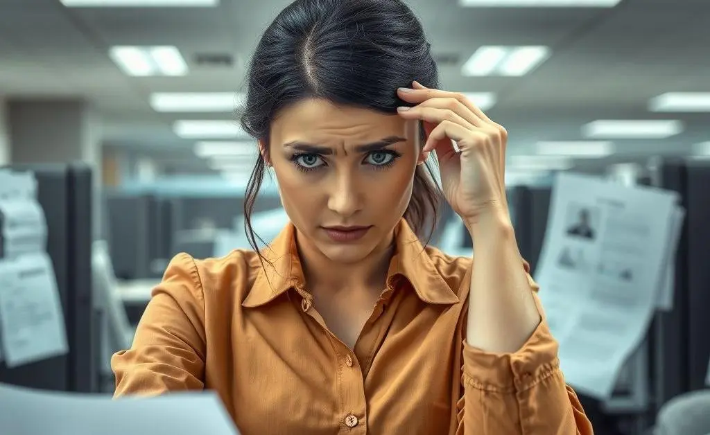 A confused office worker surrounded by paperwork, scratching her head