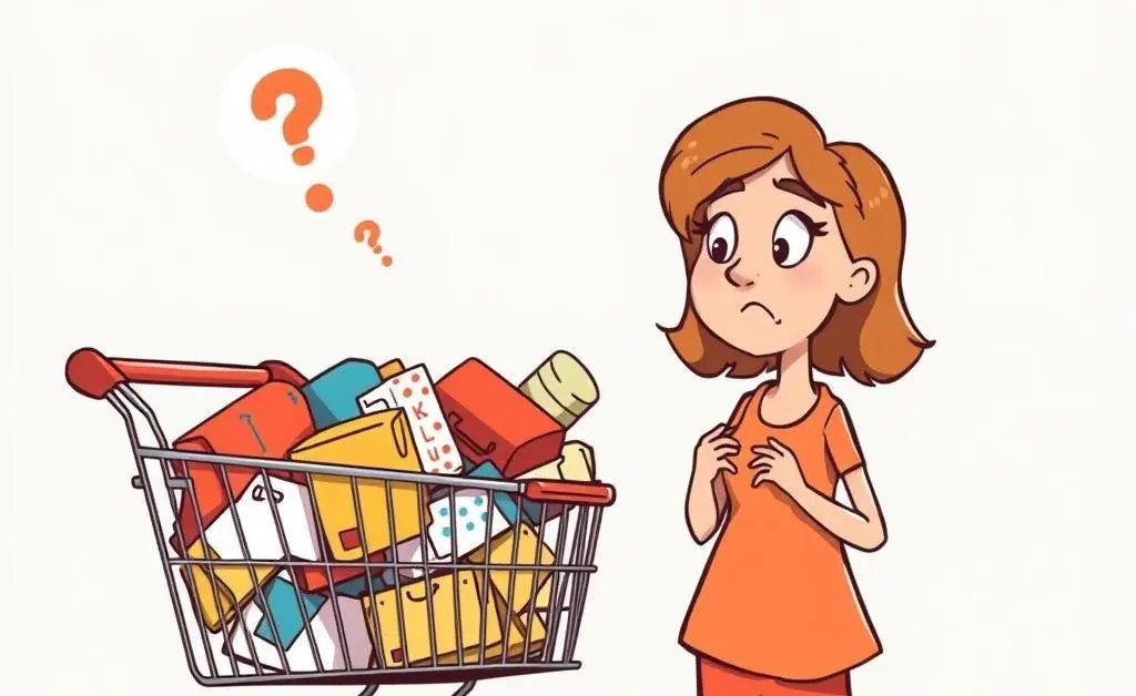 A woman staring at her overflowing online shopping cart