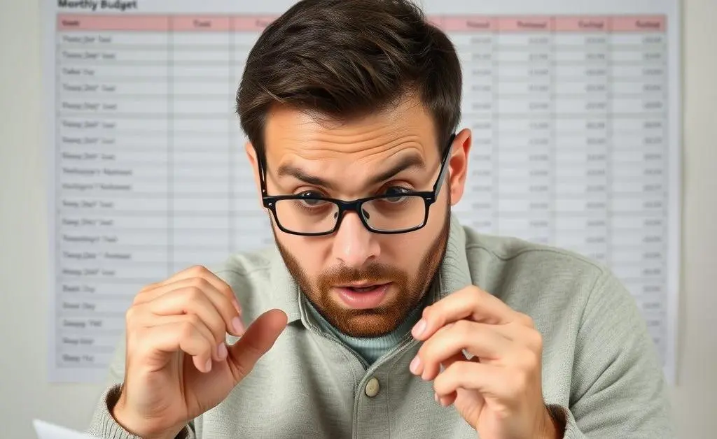 A man looking at his monthly budget spreadsheet, shocked
