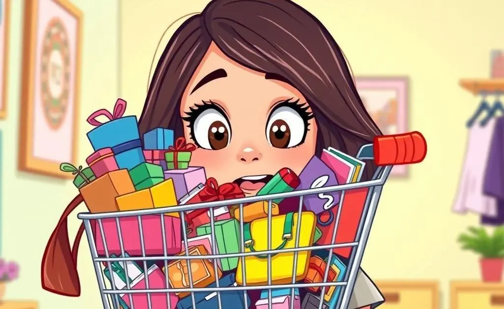 A woman staring at her overflowing online shopping cart