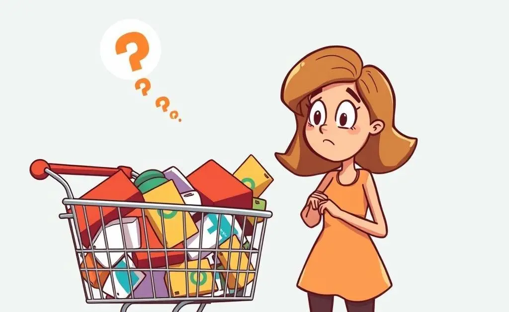 A woman staring at her overflowing online shopping cart