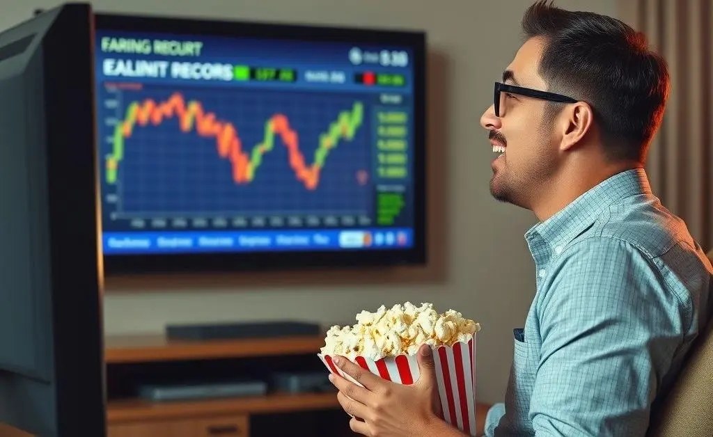 A novice investor eagerly watching a stock earnings report on TV, popcorn in hand