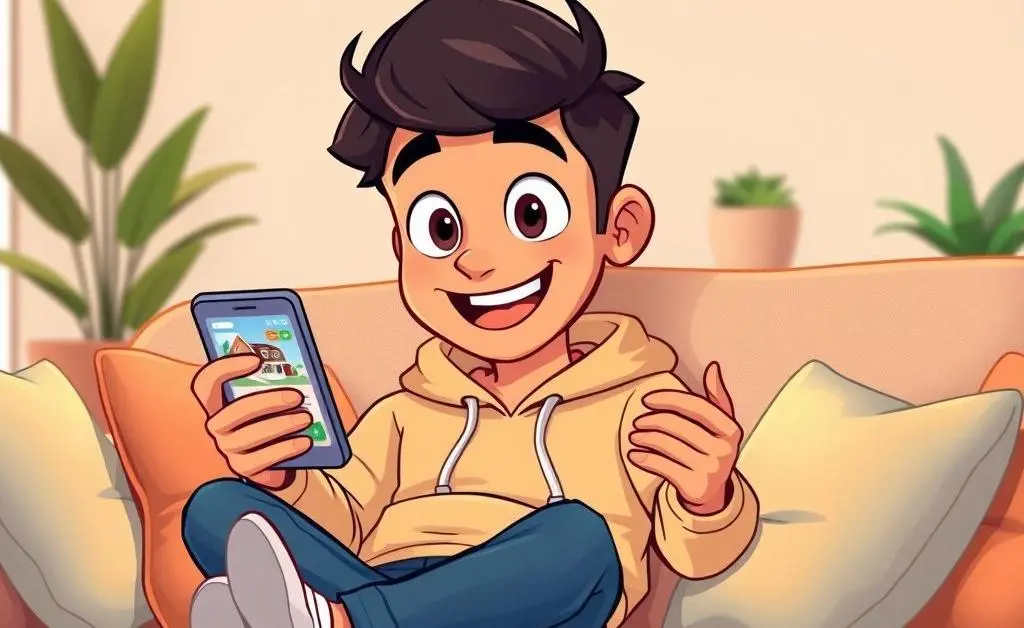 A cartoon man sitting on a couch browsing a real estate app on his phone, eyes wide open