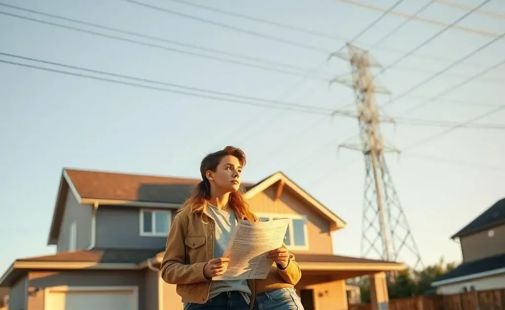 A young couple looking at a house with towering power lines in the background; the woman is holding a checklist.