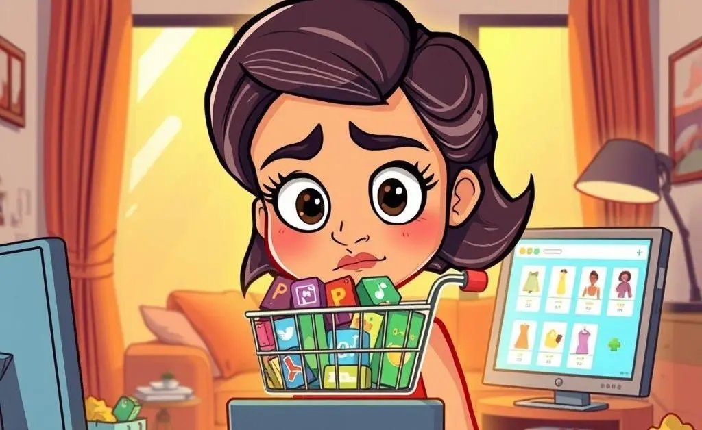 A woman staring at her overflowing online shopping cart
