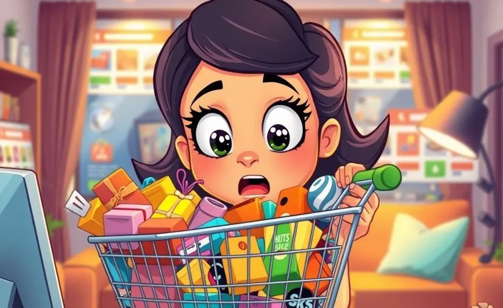 A cartoon woman staring at her overflowing online shopping cart with disbelief