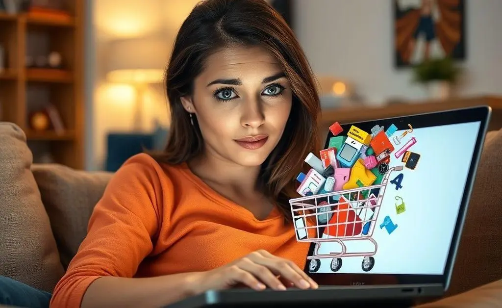 A woman staring at her overflowing online shopping cart