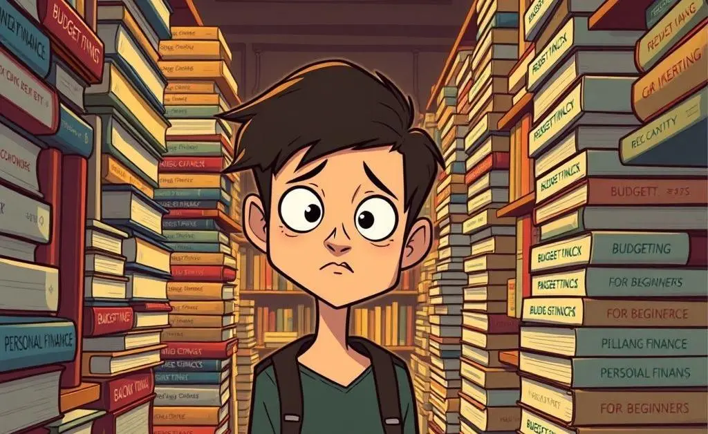 Character nervously peeks at the personal finance section of a bookstore