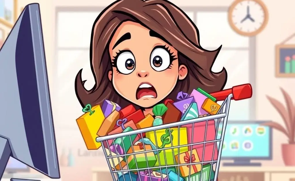 A woman staring at her overflowing online shopping cart